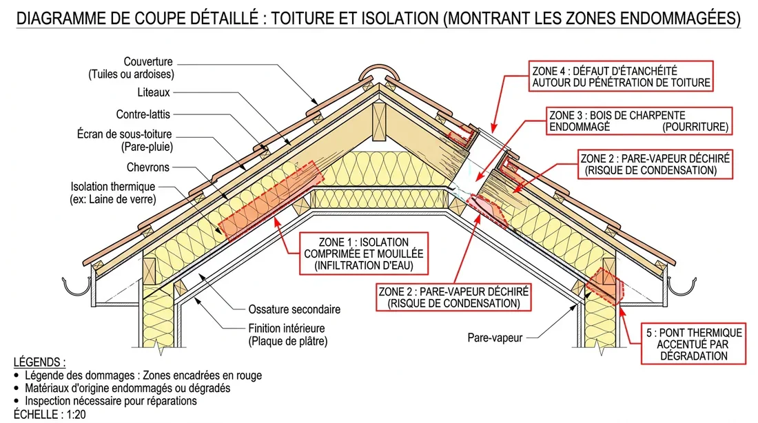 Diagramme technique montrant les dommages causés par les nuisibles sur l'isolation