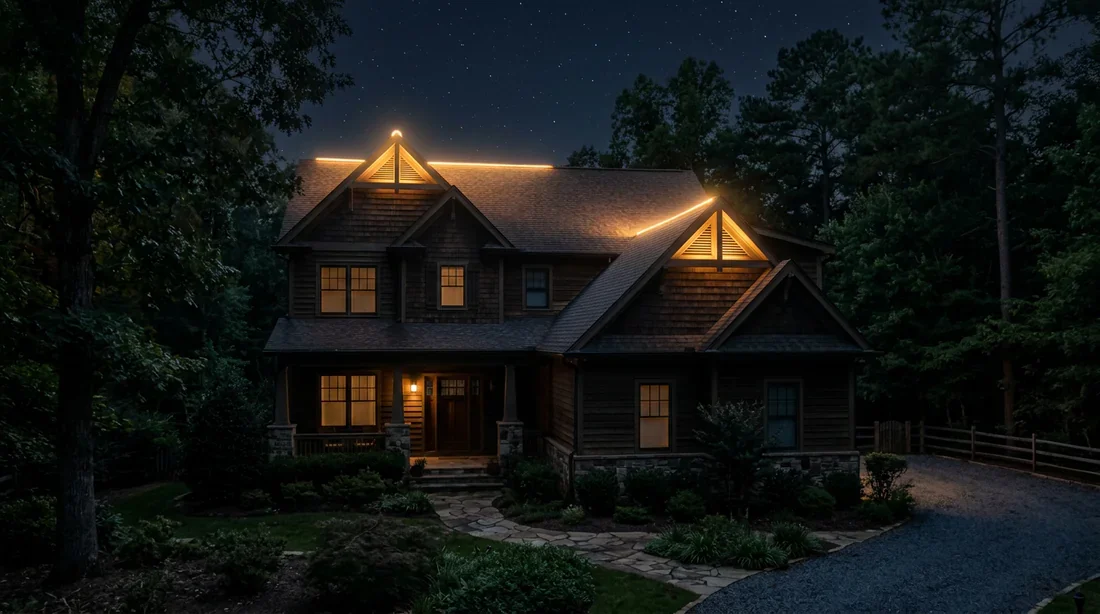 Maison individuelle plongée dans la nuit avec éclairage mystérieux venant des combles
