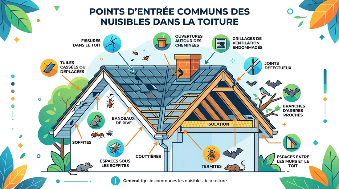 Schéma des points d'entrée des nuisibles dans une toiture de maison