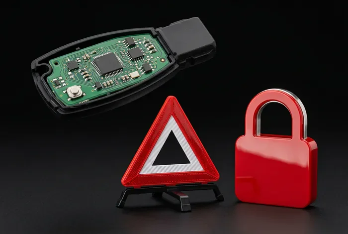 Gros plan sur une clé de voiture ouverte à côté d'un triangle de signalisation miniature