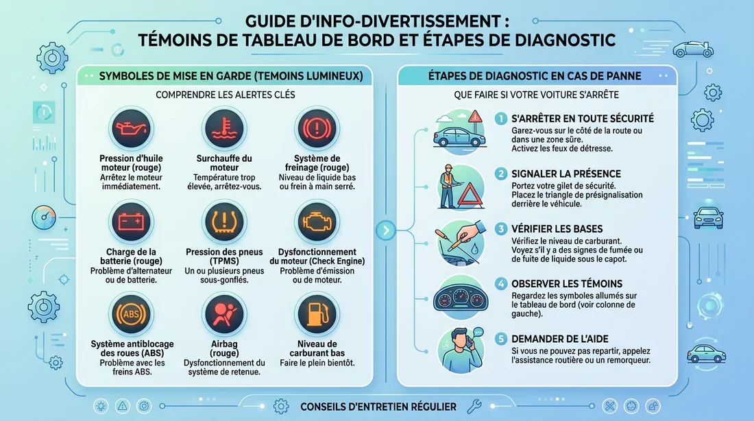 Schéma des voyants de contrôle et d'alerte automobile Infographie expliquant les différents voyants de panne sur un tableau de bord