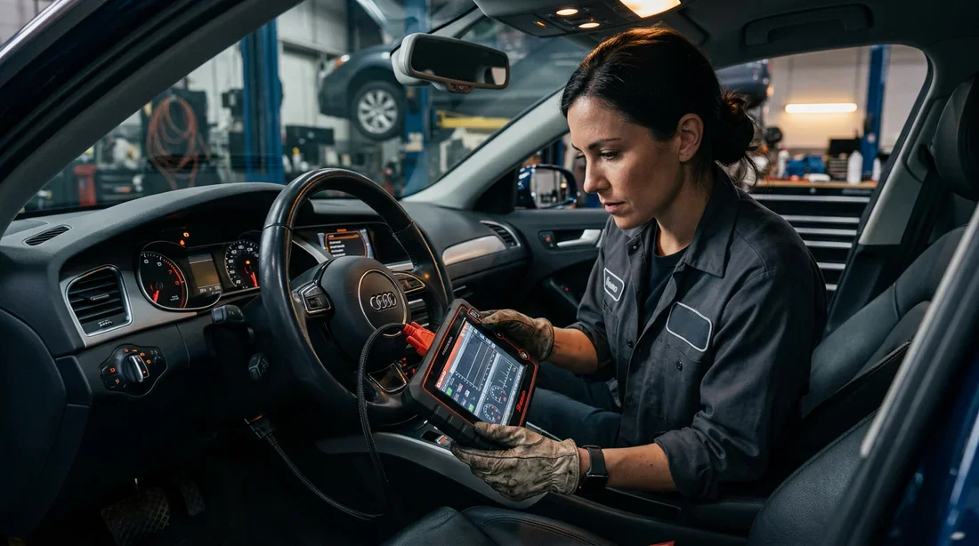 Diagnostic électronique lors d'un dépannage automobile Mécanicien utilisant un outil de diagnostic électronique sur une voiture