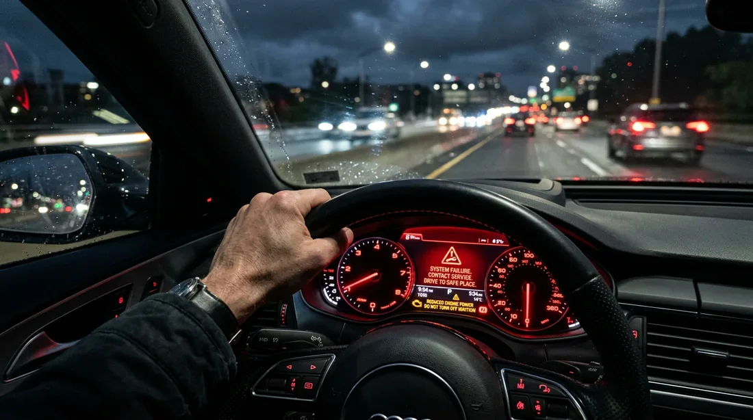 Panne de voiture et voyant d'alerte au tableau de bord Vue depuis le siège conducteur avec main sur le volant et voyant de panne rouge allumé sur le tableau de bord