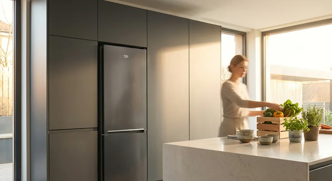 Réfrigérateur Beko gris anthracite dans une cuisine moderne et lumineuse avec une personne en arrière-plan