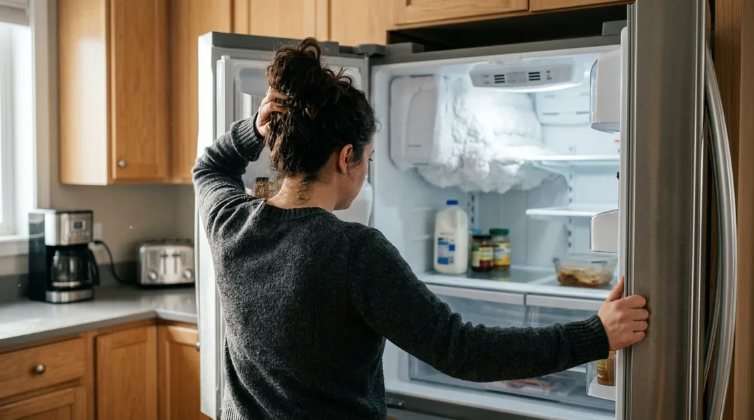 Problème de givre dans un réfrigérateur moderne Personne dépité devant un réfrigérateur rempli de givre