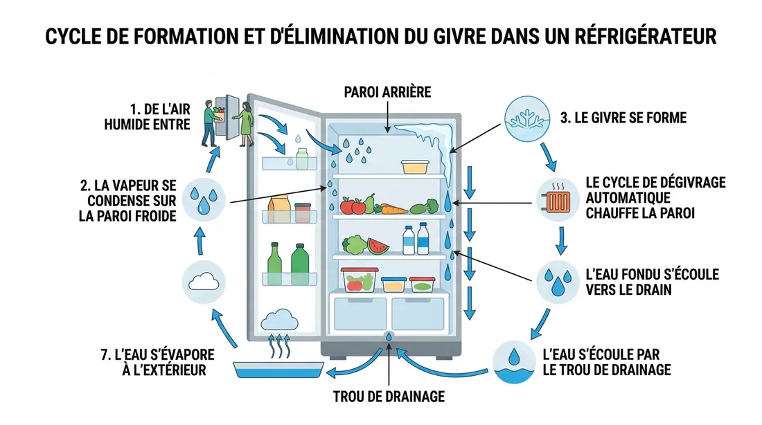 Schéma expliquant la formation du givre dans un réfrigérateur