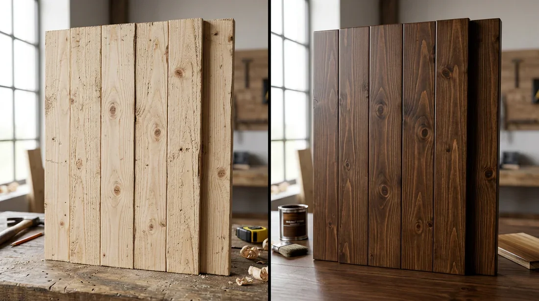 Comparaison bois de pin naturel avant et après application d'une teinte noyer