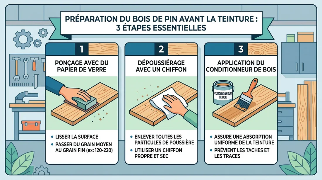 Étapes de préparation du bois de pin avant teinture