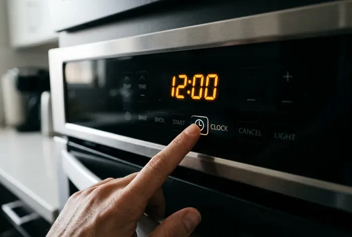 Gros plan sur l'écran digital d'un four Whirlpool affichant 12:00 en train de clignoter