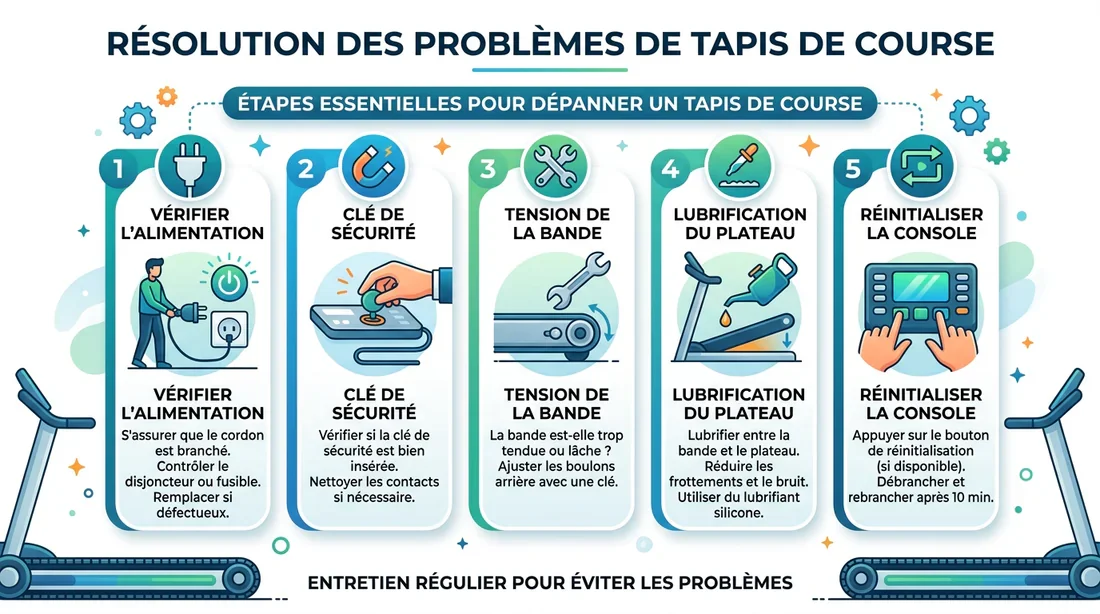 Infographie des étapes de dépannage d'un tapis de course