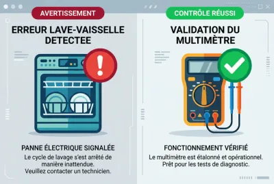 Illustration diagnostic code erreur lave-vaisselle et multimètre