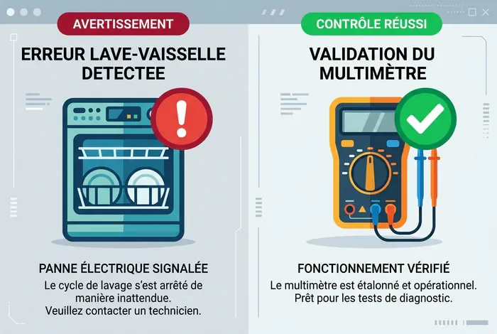Code erreur EC lave-vaisselle Valberg : 4 étapes pour réparer - Erreur EC Valberg : Le guide pour le réparer vite - Lave-vaisselle Valberg : Comment résoudre l'erreur EC ? Illustration diagnostic code erreur lave-vaisselle et multimètre