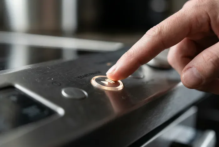 Main appuyant sur le bouton de réinitialisation d'un sèche-linge