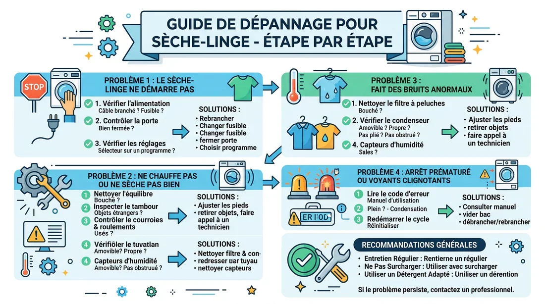 Schéma explicatif des étapes de dépannage pour sèche-linge