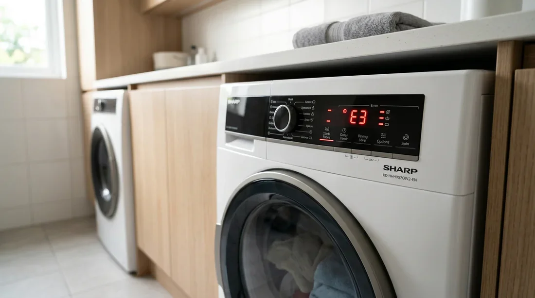 Sèche-linge Sharp affichant un code erreur E3 dans une buanderie