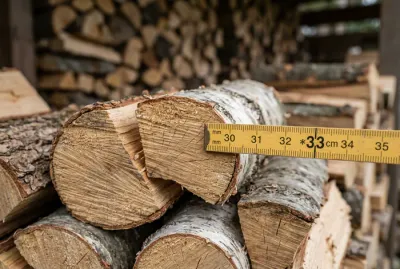 Photo d'un bûcher bien rangé avec une règle pour illustrer la mesure d'un stère