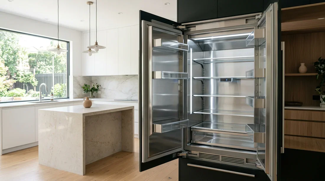 Cuisine moderne 2026 et réfrigérateur optimisé Réfrigérateur moderne et propre avec thermomètre intérieur dans une cuisine lumineuse