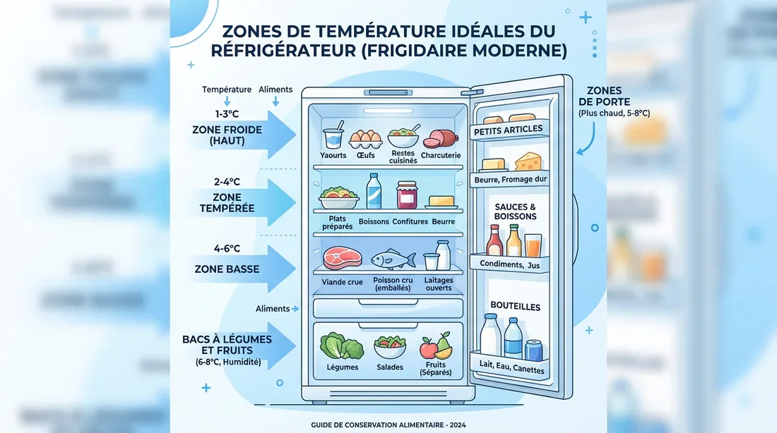Infographie des zones de froid Schéma des zones de température idéales dans un réfrigérateur