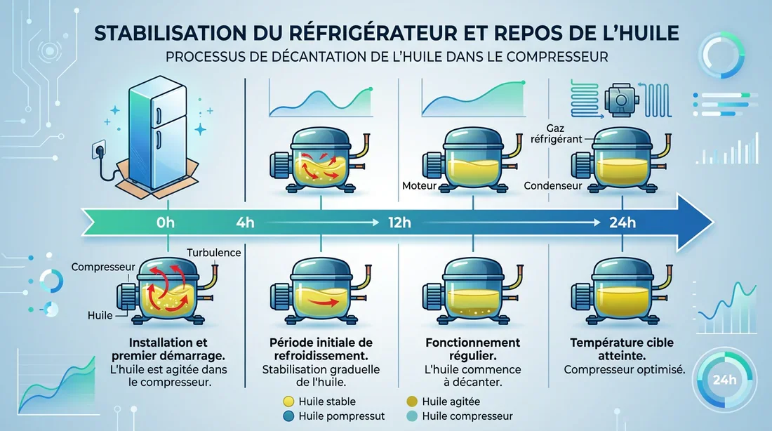 Pourquoi attendre 24h avant de brancher un frigo Infographie du délai de stabilisation d'un réfrigérateur