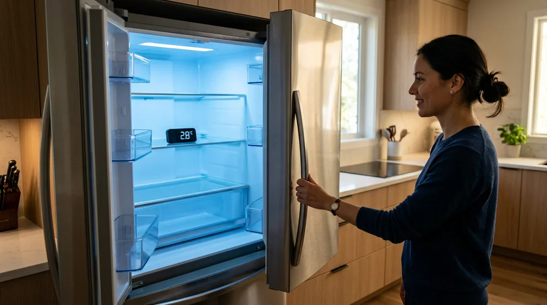 Vérification de la température d'un réfrigérateur neuf Intérieur d'un réfrigérateur en inox neuf avec un thermomètre