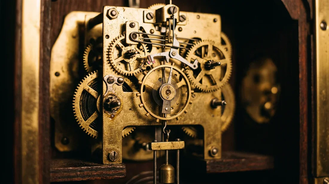 Fonctionnement des engrenages d'une horloge ancienne Engrenages et rouages en laiton d'une horloge mécanique ancienne