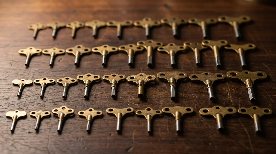 Différentes tailles de clés de remontage pour horloge Éventail de clés de remontage en laiton de différentes tailles sur un établi