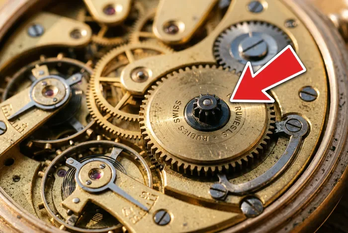 Gros plan sur le barillet d'un mécanisme d'horloge ancienne avec flèche indicatrice