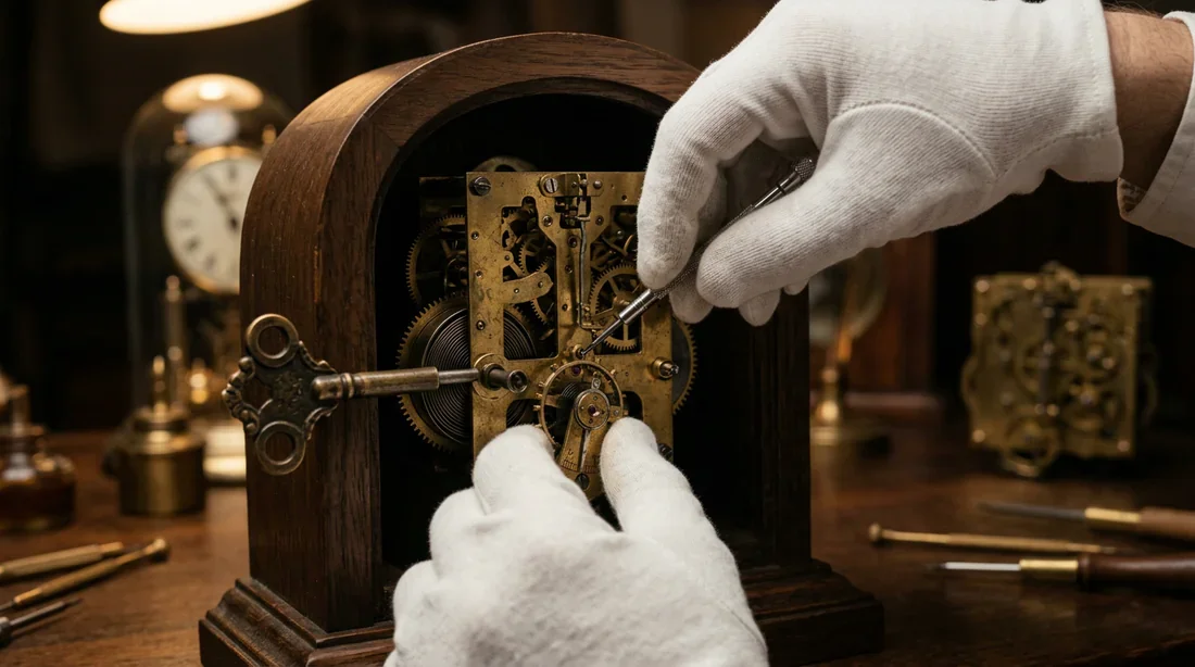 Mains d'un horloger réparant le mécanisme d'une horloge en laiton Horloger manipulant le mécanisme arrière en laiton d'une horloge ancienne avec une clé de remontage