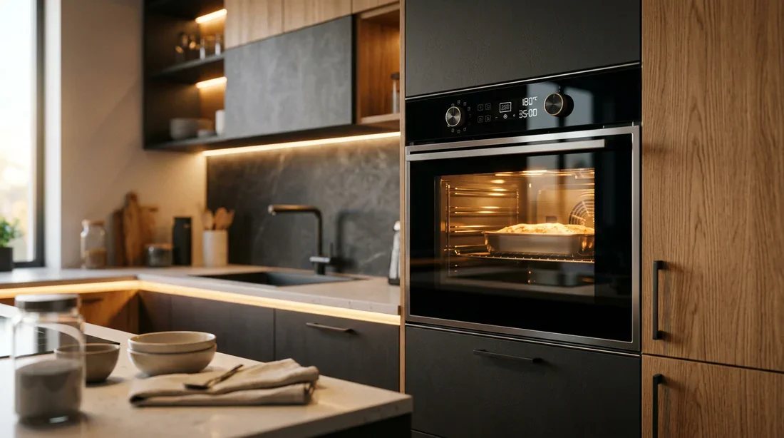 Four encastrable Whirlpool 6th Sense Four encastrable Whirlpool 6th Sense allumé dans une cuisine moderne