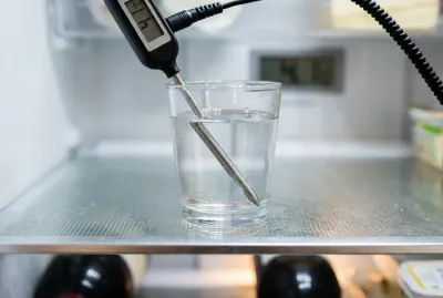 Gros plan sur un thermomètre digital dans un verre d'eau pour tester la température d'un frigo.