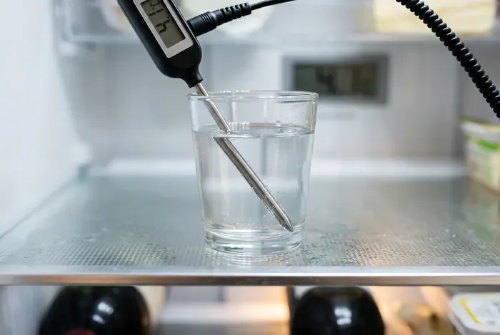 Comment savoir si un frigo fonctionne : 5 tests infaillibles - Frigo en panne ? Diagnostic complet en 5 étapes - Comment savoir si un frigo fonctionne ? Le guide de survie Gros plan sur un thermomètre digital dans un verre d'eau pour tester la température d'un frigo.