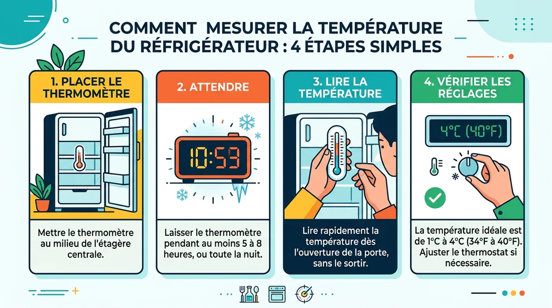 Infographie expliquant étape par étape comment mesurer la température d'un réfrigérateur.