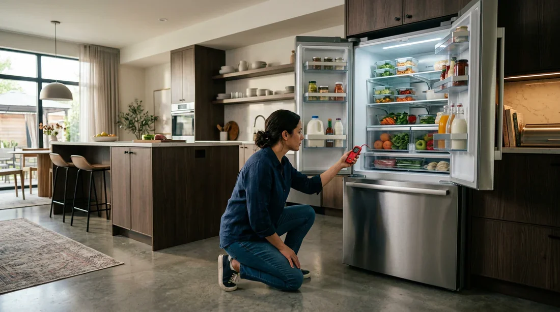 Une personne mesurant la température dans un réfrigérateur moderne pour vérifier son efficacité énergétique.