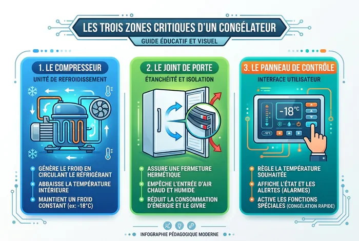 Congélateur armoire Hotpoint Ariston : pannes et solutions - 6 Pannes Congélateur Hotpoint : Le Guide de Réparation - Congélateur Hotpoint Ariston : Comment réparer la panne ? Infographie des 3 zones critiques à vérifier sur un congélateur