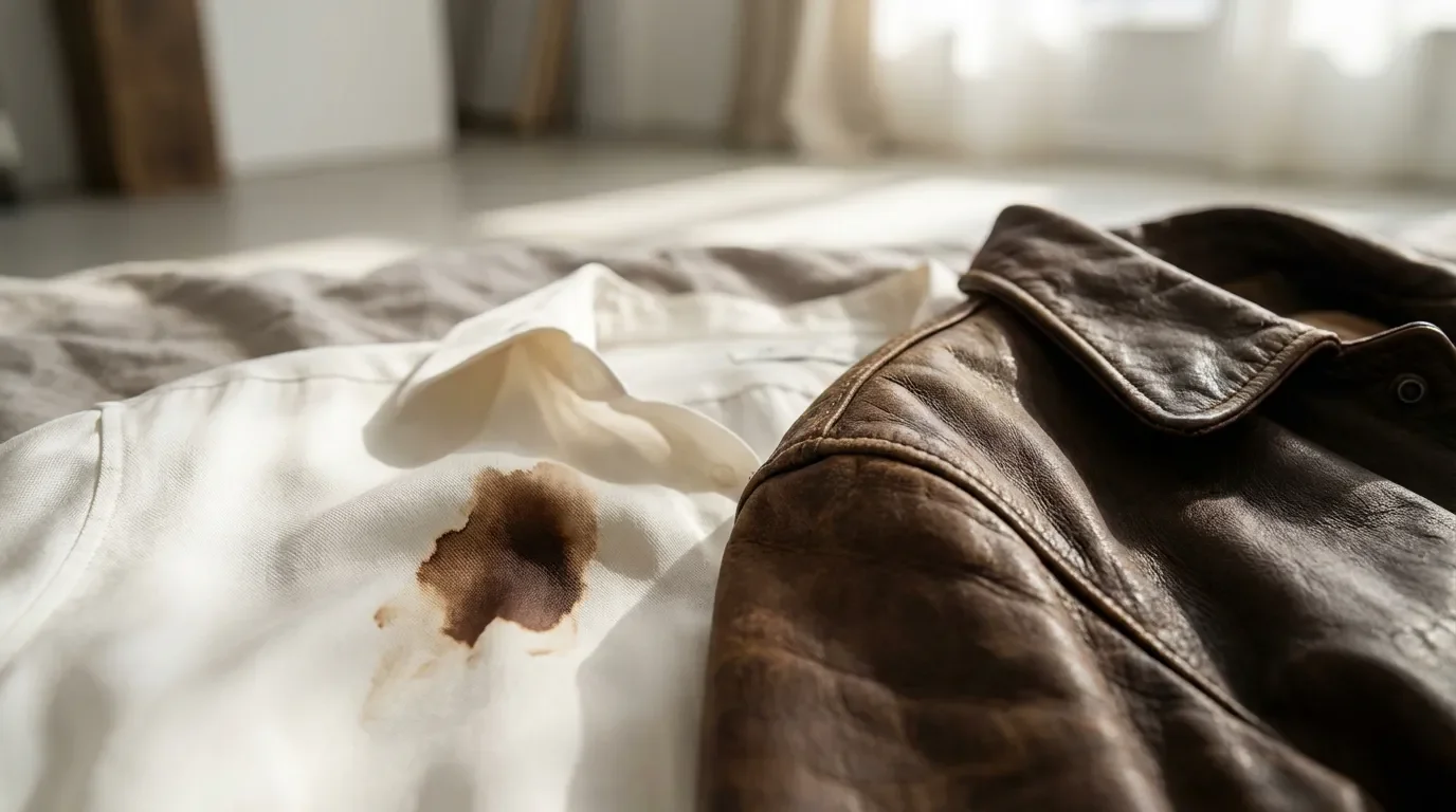 Tache de cuir sur tissu blanc Gros plan artistique d'une tache de teinture de cuir sur un vêtement blanc de luxe avec une veste en cuir en arrière-plan