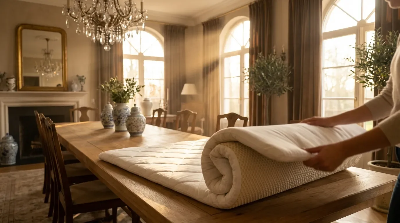 Installation d'un bulgomme blanc sur une table en chêne massif dans une salle à manger lumineuse