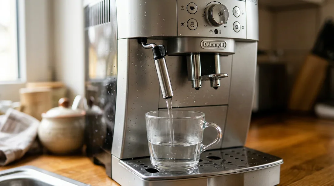Machine à café De'Longhi en action avec extraction de vapeur