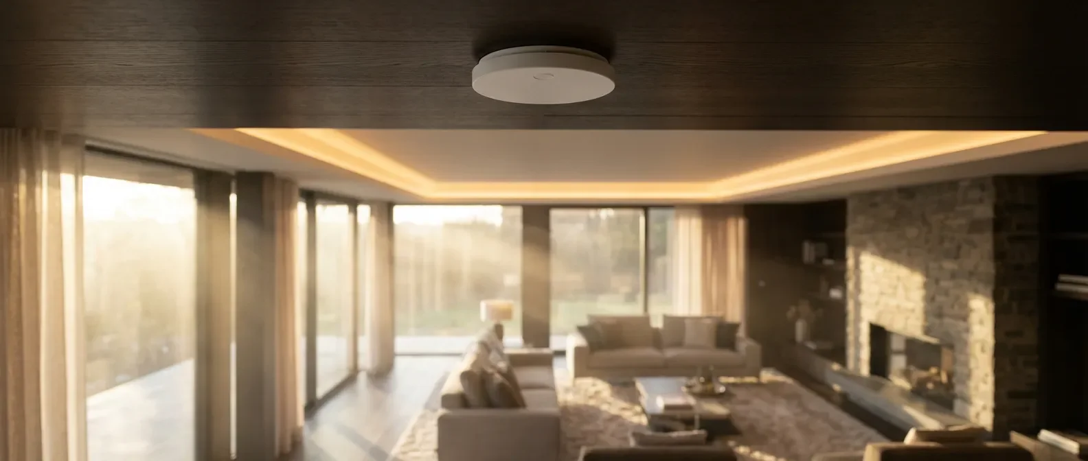 Design et sécurité incendie haut de gamme 2026 Détecteur de fumée moderne dans un intérieur de luxe avec éclairage cinématographique