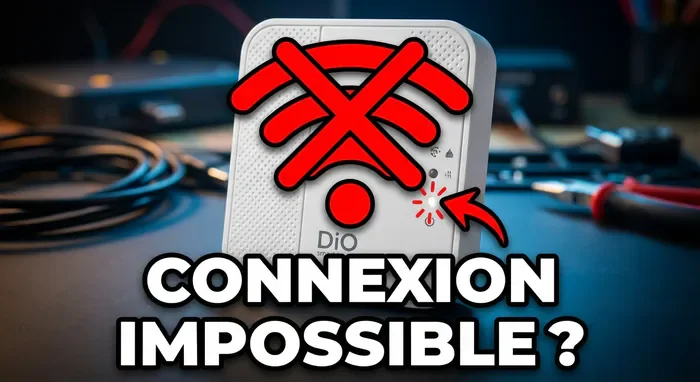 DiO Home connexion impossible : Le Guide - Panne DiO : 6 étapes pour rétablir le Wi-Fi - DiO Home hors ligne ? Voici quoi faire Miniature dépannage DiO avec symbole Wi-Fi barré et texte connexion impossible.
