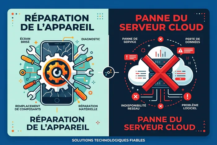 Ema app ne fonctionne pas : 6 solutions - Ema app plante ? Guide de réparation 2026 - Ema app ne s'ouvre plus ? Voici comment la réparer Infographie illustrant une panne d'application entre le smartphone et le serveur