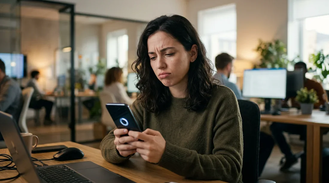Personne frustrée tenant un smartphone avec une application bloquée en chargement infini