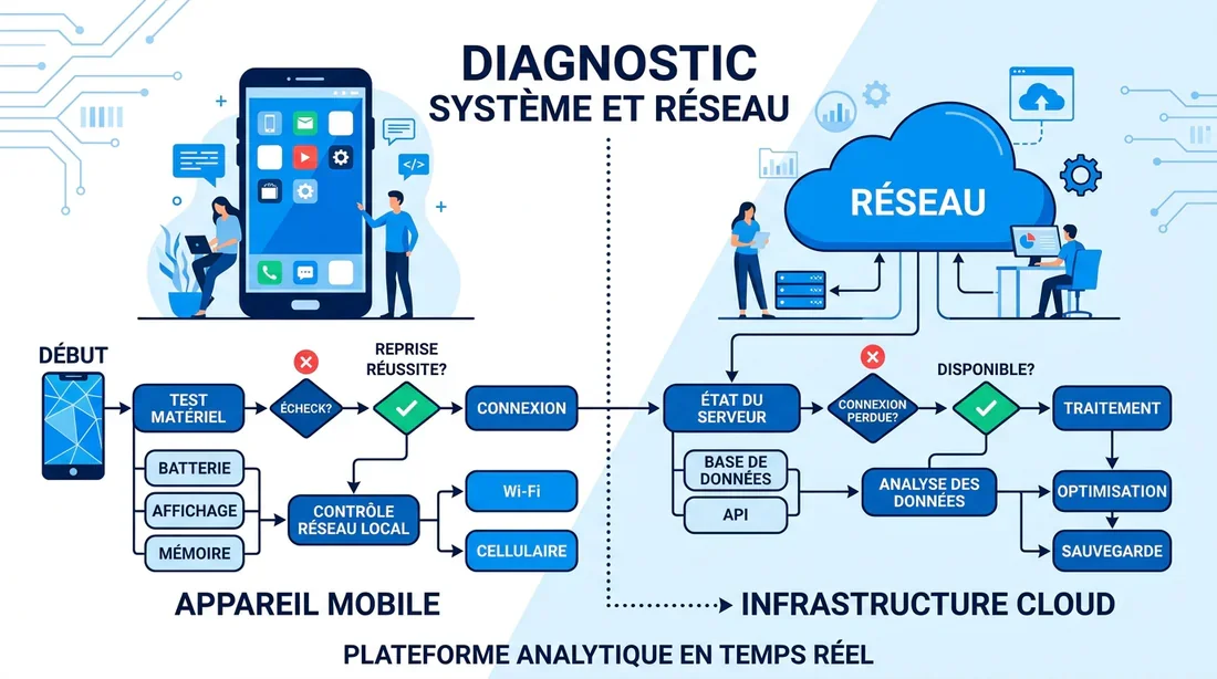 Schéma de diagnostic réseau entre smartphone et serveur distant