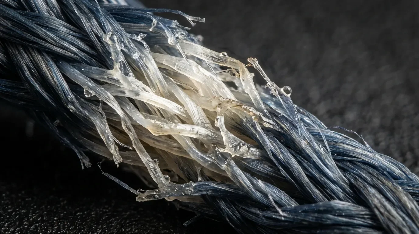 Gros plan macro montrant la décoloration et les dommages des fibres synthétiques causés par le dissolvant