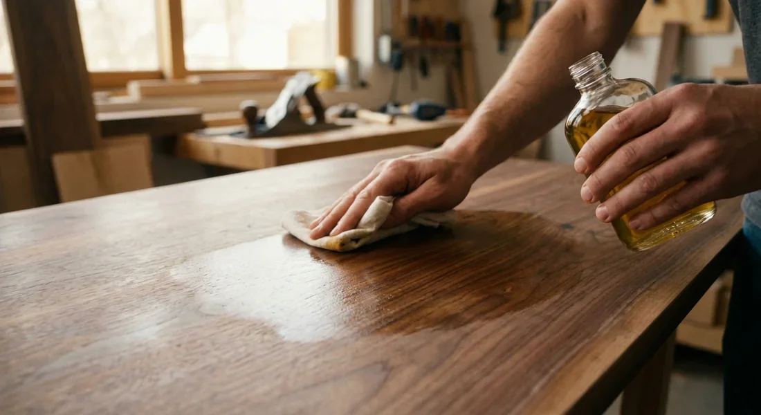 Étapes de finition et protection du bois Application d'huile protectrice sur un objet en bois pour la finition.