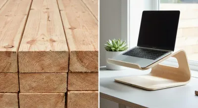 Comparaison entre planches de bois brut et un support d'ordinateur fini en bois.