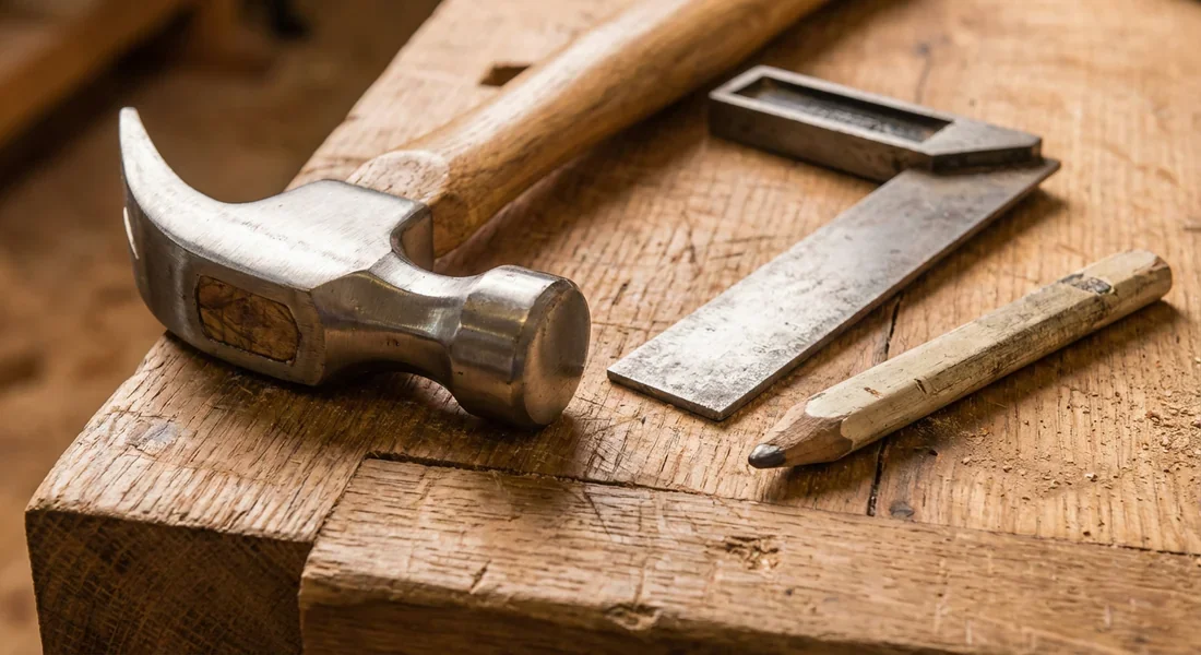 Les outils indispensables du menuisier amateur Gros plan sur un marteau, une équerre et un crayon de menuisier sur du bois.