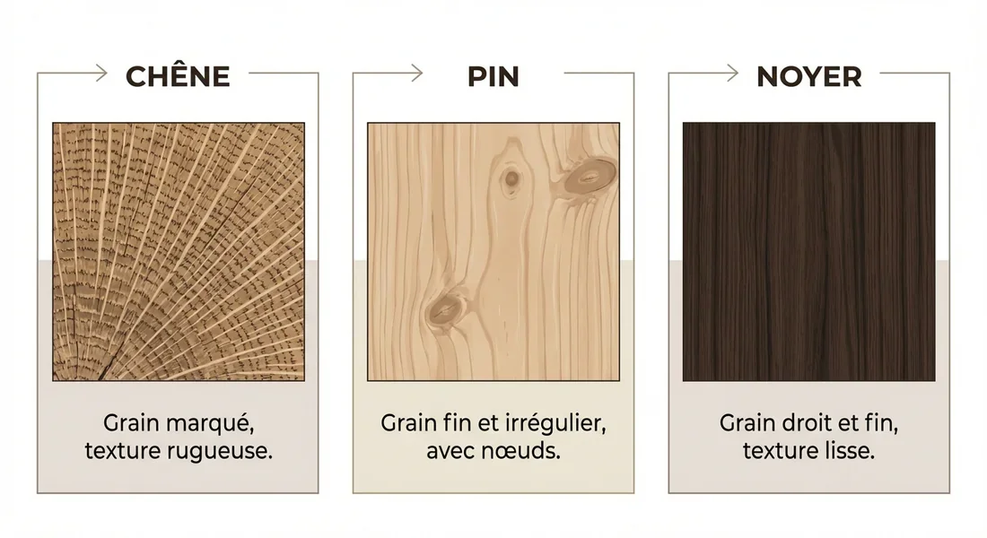 Guide des essences de bois pour vos projets Infographie présentant les différentes essences de bois pour le bricolage : chêne, pin et noyer.