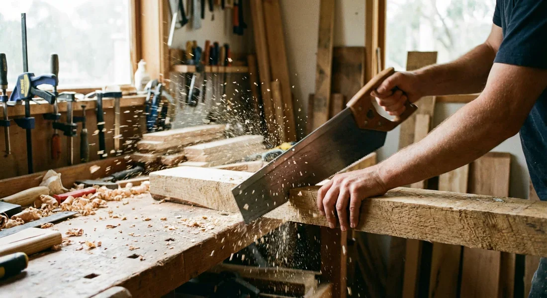 Technique de découpe manuelle du bois Main de menuisier sciant une planche de bois sur un établi avec précision.