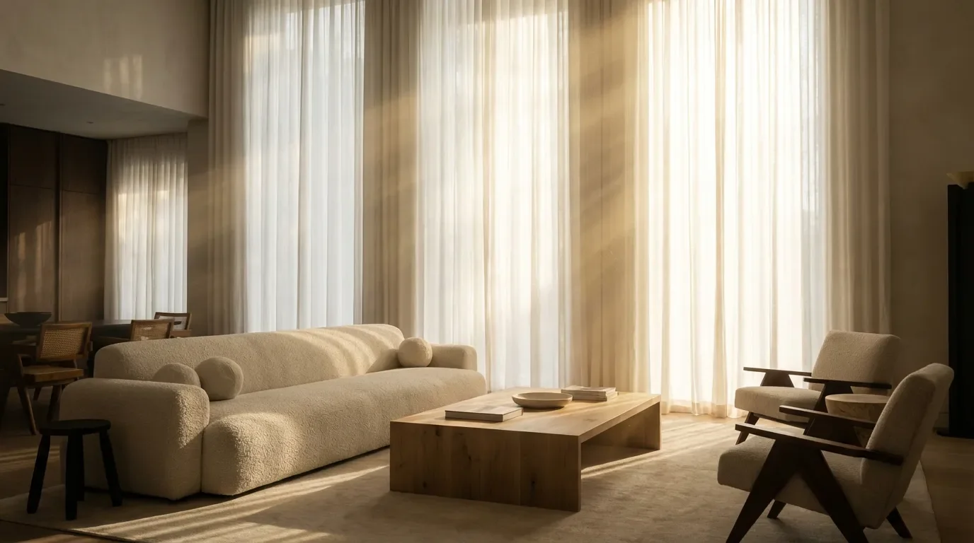 Rideaux neufs salon lumineux Salon moderne avec de grands rideaux en lin blanc baignés de lumière naturelle