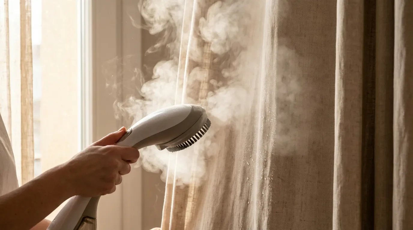 Défroissage vapeur rideaux Utilisation d'un défroisseur vapeur sur un rideau suspendu